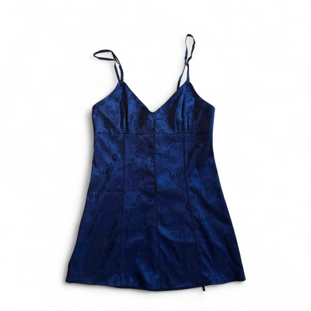 Vintage Victorias Secret Navy Blue Slip Mini Dress with Corset Style Tie Up Back